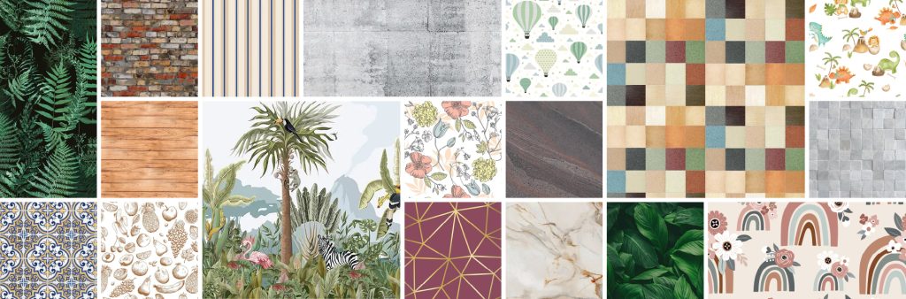 Grid-based graphic image showing wallpaper designs, patterns and materials